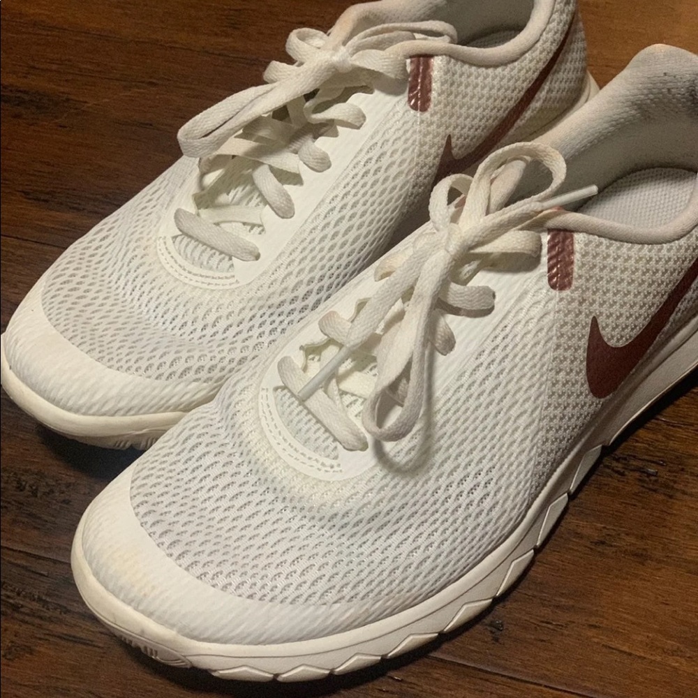 nike rose gold and white shoes